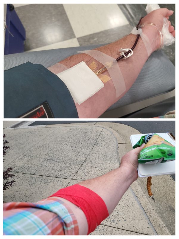 collage of blood donation, during shows tubing, after shows bandage