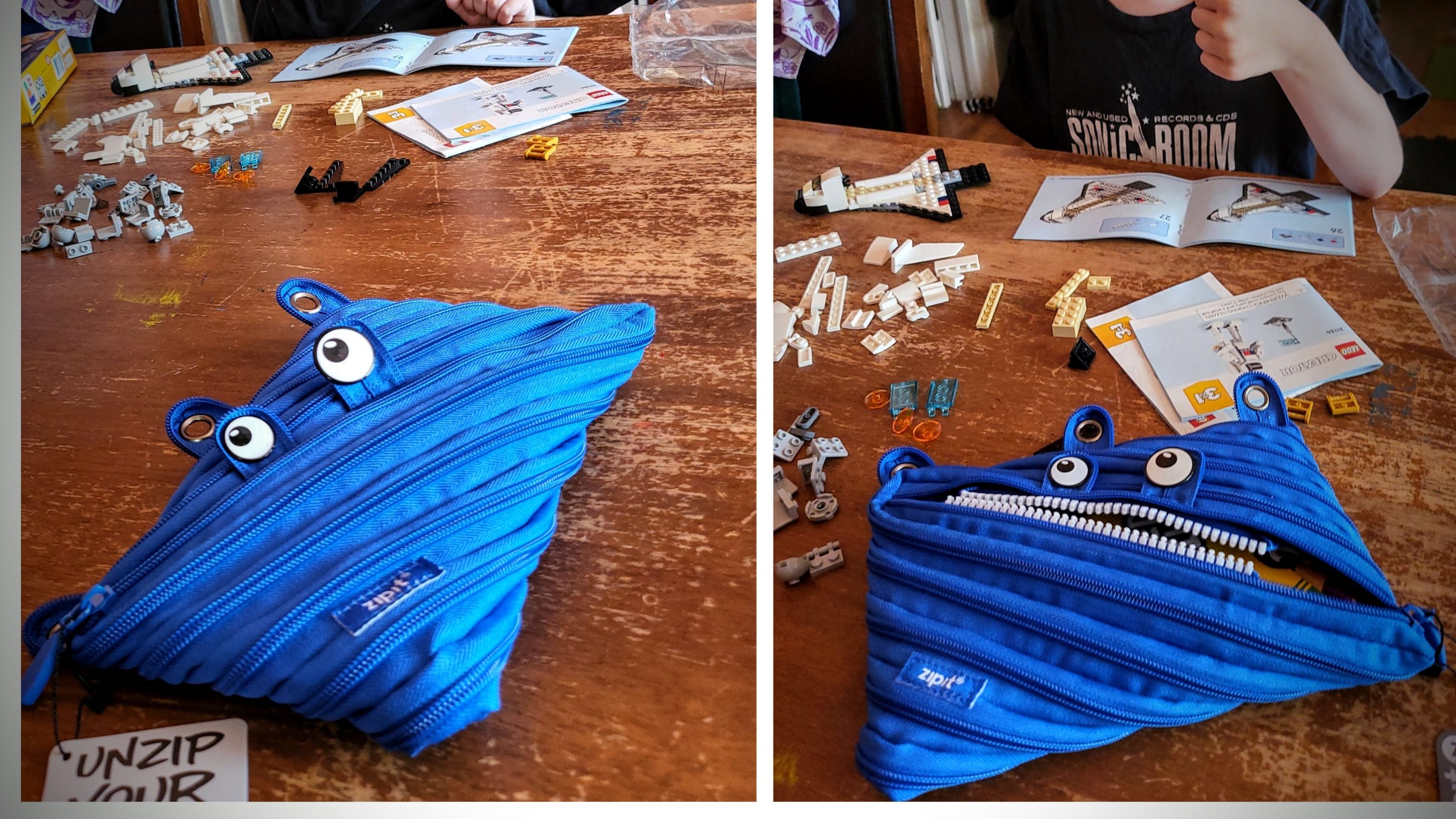 blue pencil case on wood table